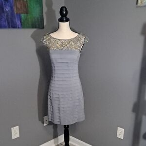 Sherri Hill Gray Bandage Dress with Gold Accents